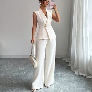 Women's White Office Suit-Winter Autumn New Elegant Sleeveless Shirt & Wide-Leg Pants Formal Workwear Set