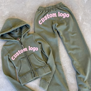 Custom Logo Distressed Tracksuit Sweatpants Hoodie Set