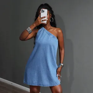Womens Denim Dress Casual Summer Style Short Sleeve Blue Fabric