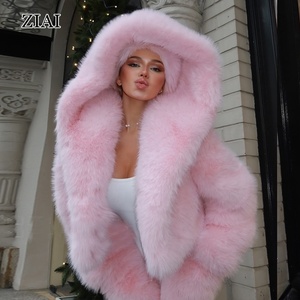 Pink Faux Fur Coat Women Hooded Plush Winter Jacket