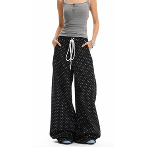 Wholesale Drawstring Waist Loose Straight Wide Leg Denim Pants Daily Street Trousers Women Polka Dot Vintage Workwear Jeans